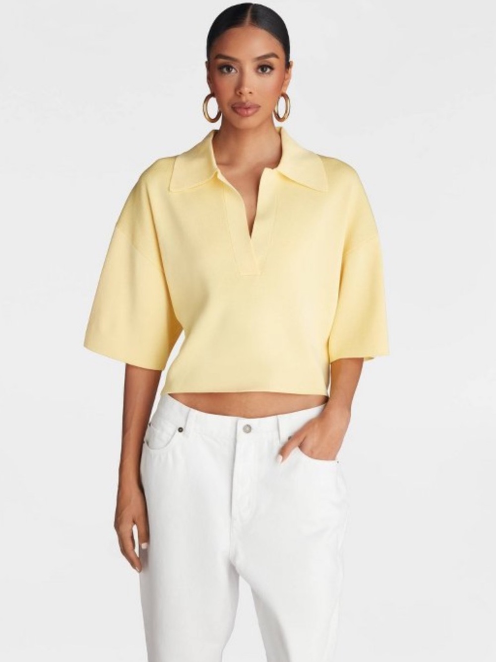 KBB by KAHLANA Women's
Short Sleeve Boxy 'The
Cropped Polo Sweater' - Yellow